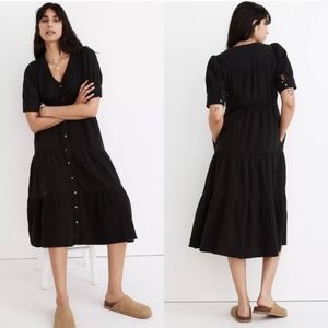Madewell Lightspun Button-Front Tiered Black Midi Dress Size 4 NE673